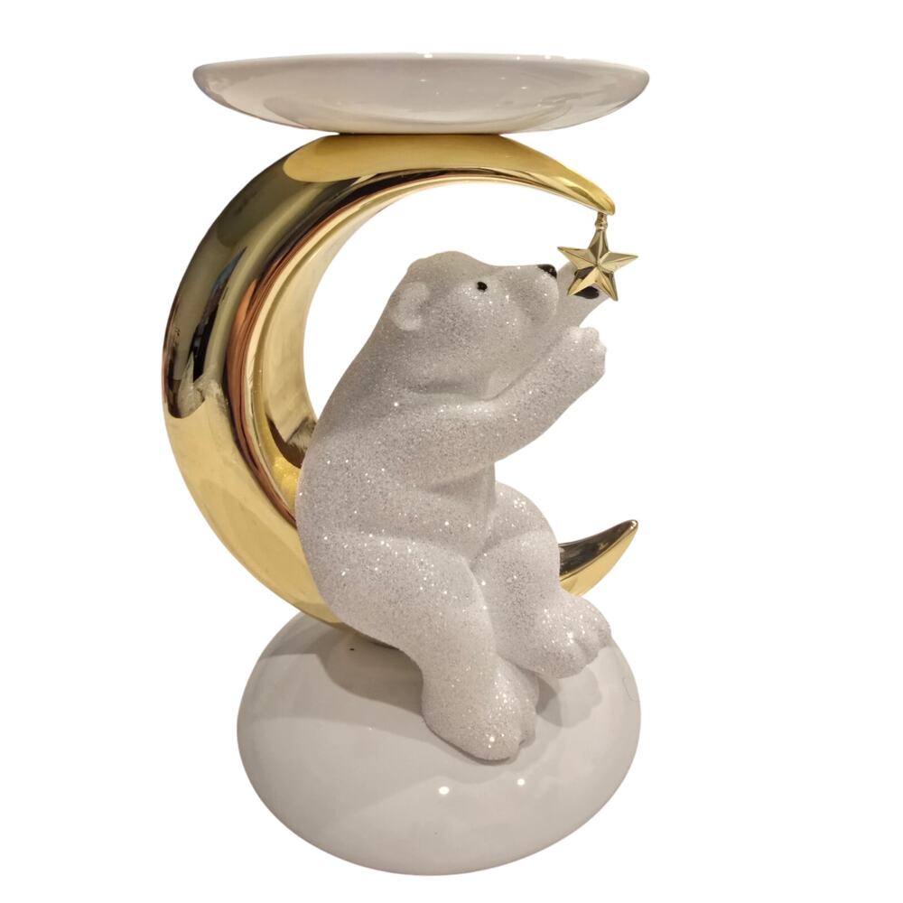 Bath & Body Works Holiday Polar Bear Moon Crescent 3- Wick Candle Holder Glitter