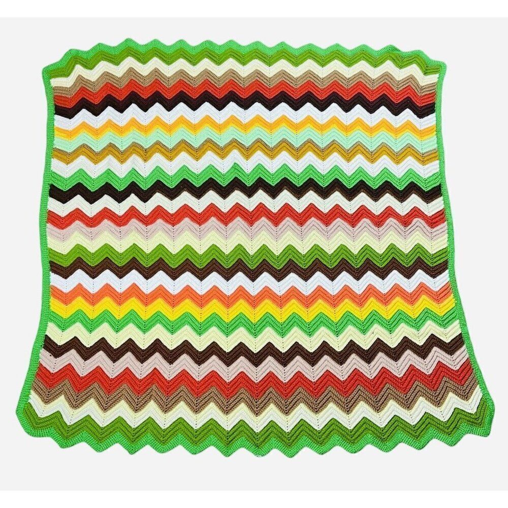Vintage 1970s Handmade Colorful Zig Zag Chevron Afghan Throw 63 x 59 Blanket 70s