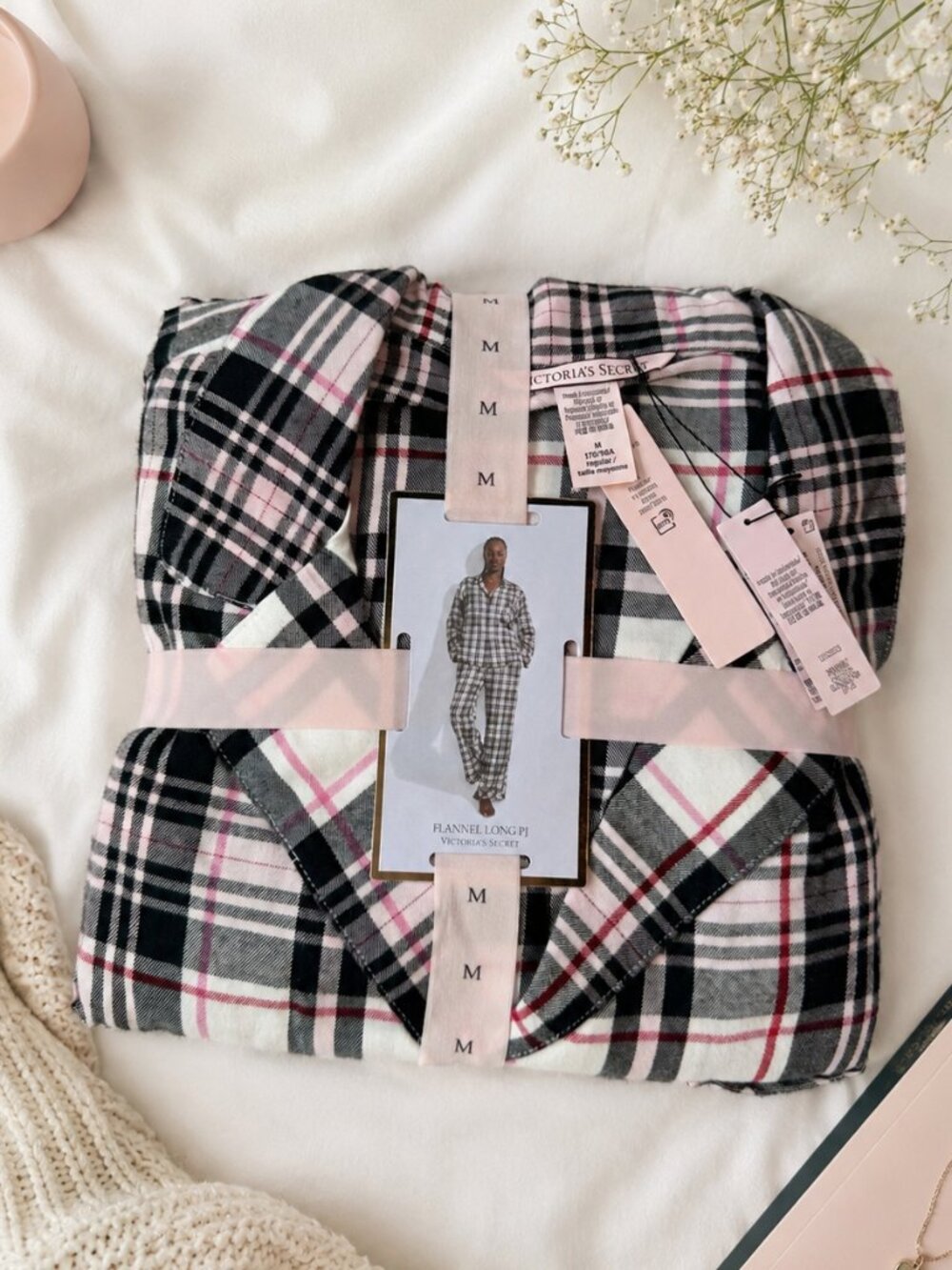 Victoria’s Secret Flannel Pajama Set Medium Pink Plaid Cozy Lounge Sleepwear NWT
