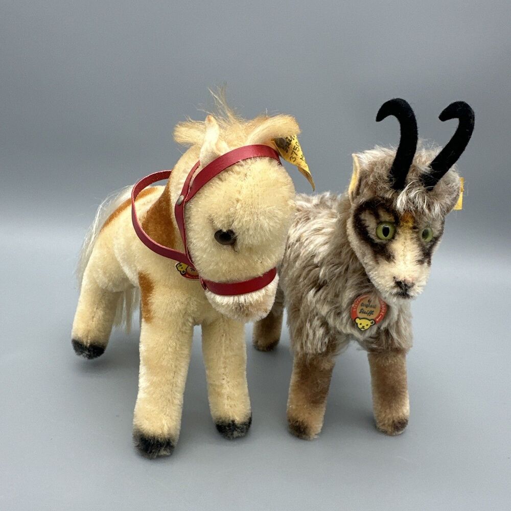 Vtg Original Steiff Lot Of (2) Spotted Pony & Billy Goat 60s Mohair W/ Tags