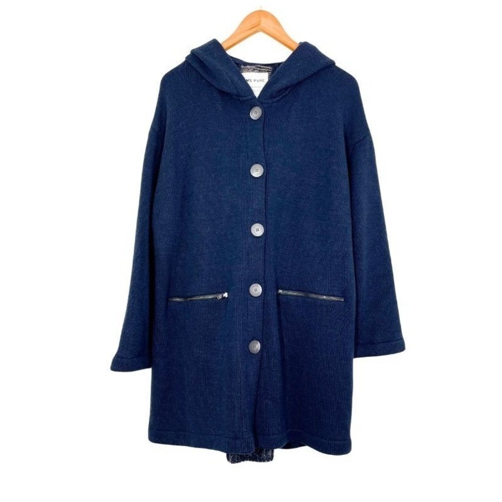 AMS PURE Wool-Blend Knit Hooded Coat Jacket Navy Blue Cable Back Button Front‎ M