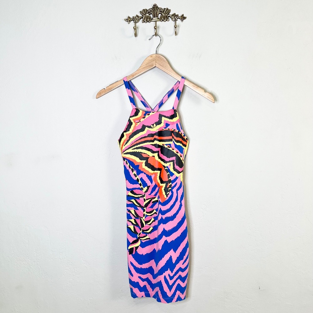 Adidas x Farm Rio Dress Size XS Pink Blue Abstract Mini Colorful Strappy
