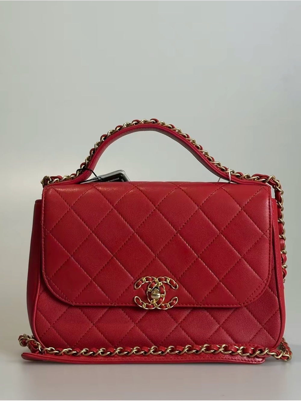 Chanel Red Quilted Lambskin Top Handle Flap Bag with Chain CC | 🔥