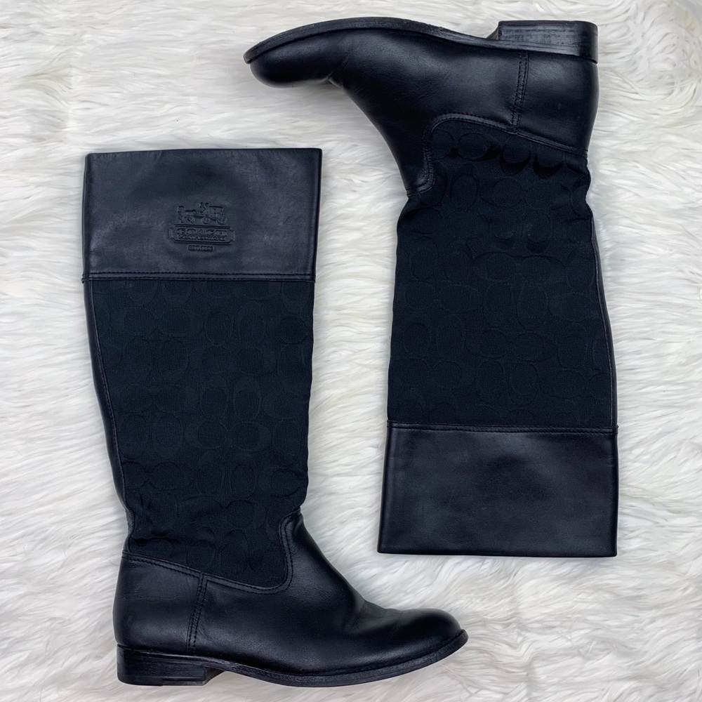 Coach Black Signature Panel Leather Knee-High Heeled Boots