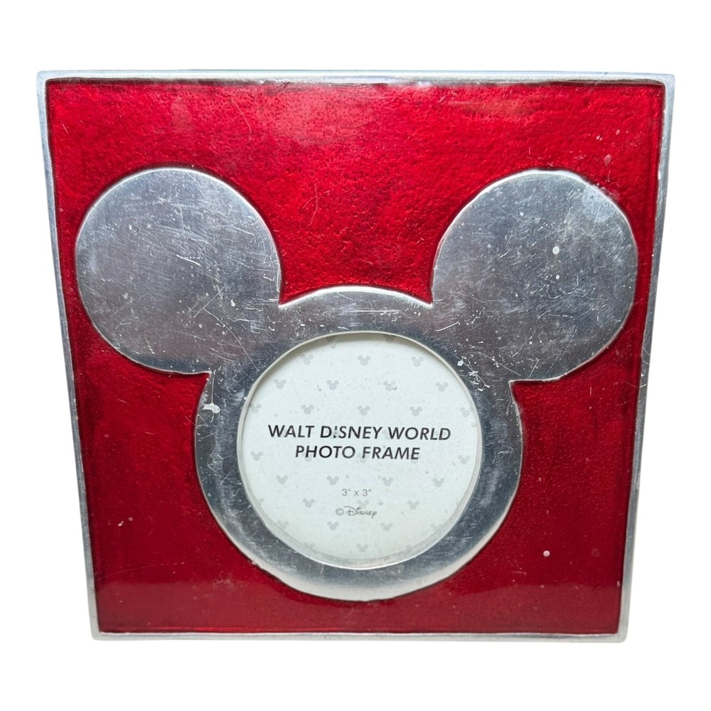 Disney Mickey Mouse Photo Frame Red Silver Metal Walt Disney World 3x3 Square