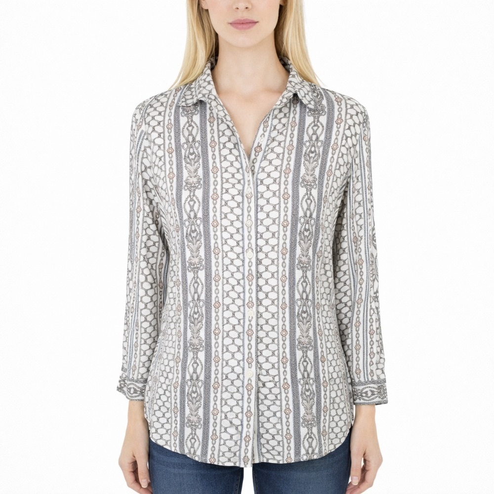 J. McLaughlin Chainlink Equestrian Regal Button Shirt Silk Preppy Stretch Size S