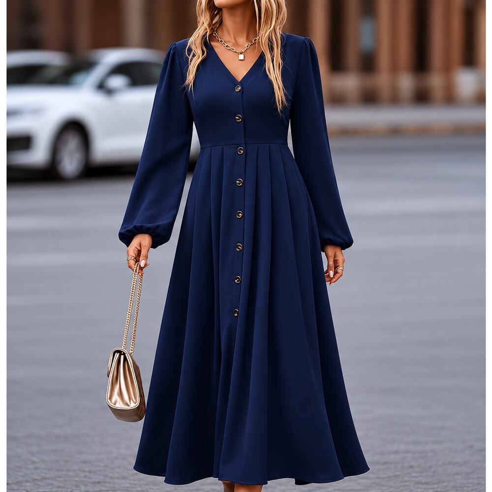 Button Front Long Puff Sleeve Midi Dress Women's Medium Navy Blue Elegant
