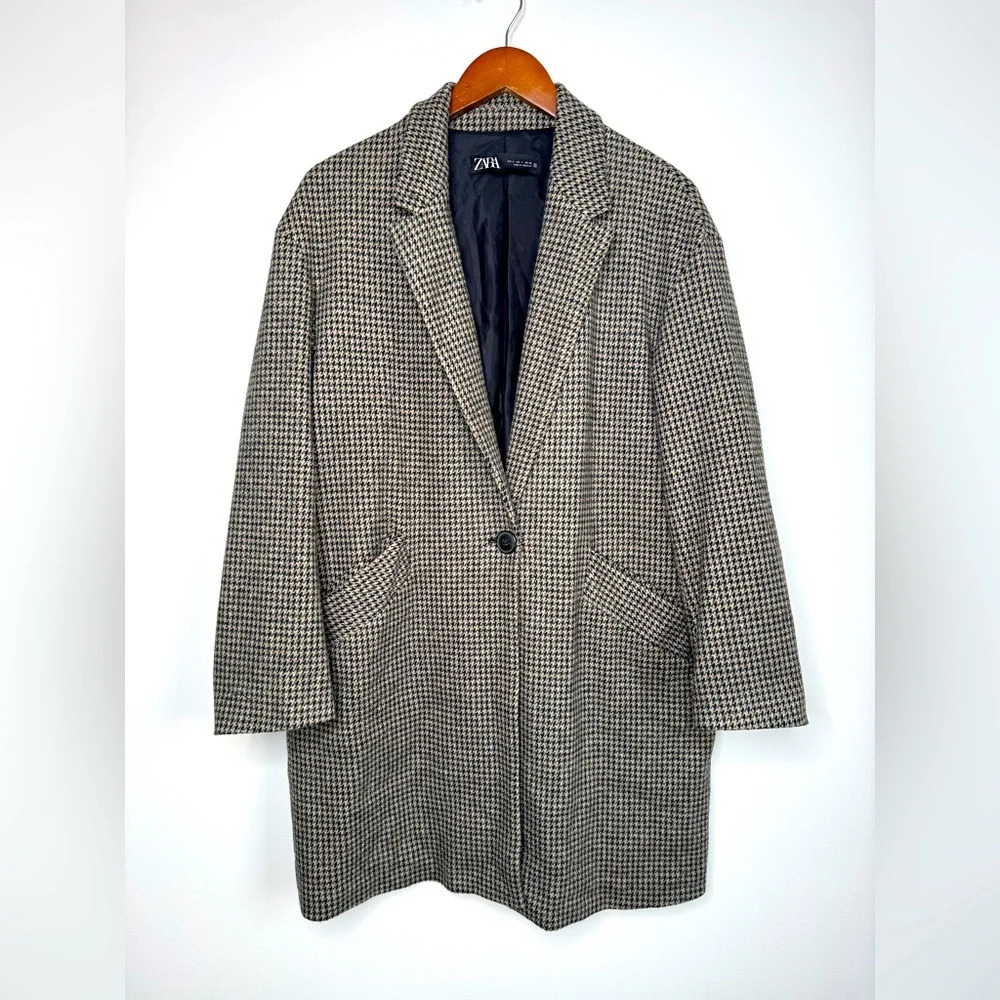Zara Micro Check Cotton Blend Houndstooth One Button Longline Car‎ Coat Blazer