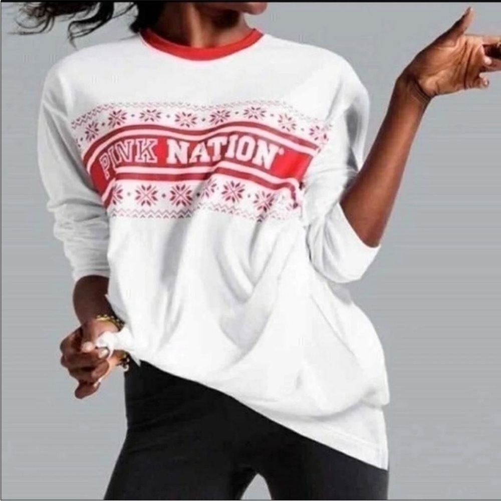 PINK Victoria's Secret Pink Nation Christmas Holiday Long Sleeve Campus Tee S