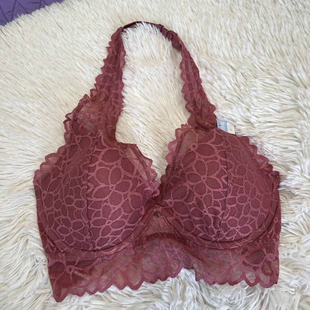 VICTORIA'S SECRET PINK  HALTER LACE BRALETTE BRA PINK MAUVE‎ SDD