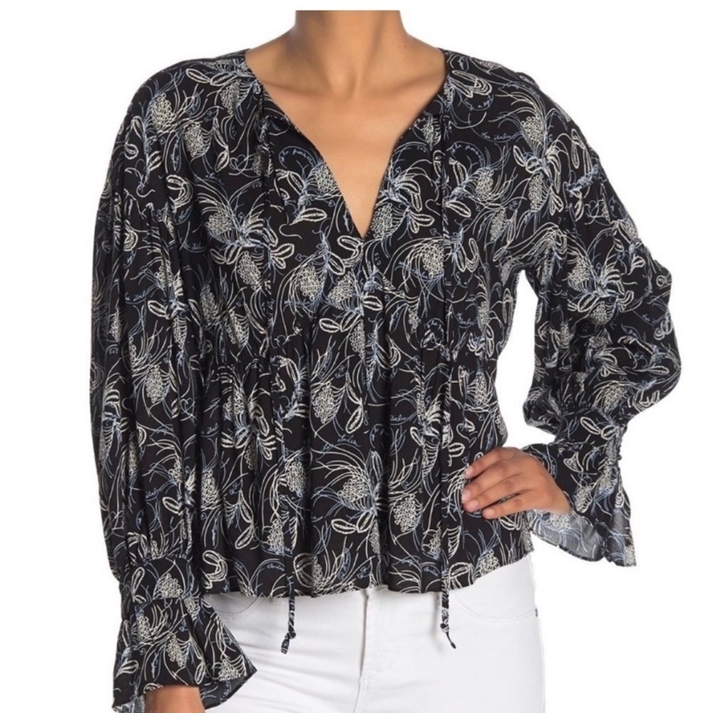 Cinq a Sept Floral Lyons Woven Top Blouse Black Blue Peplum Split Tie Neck