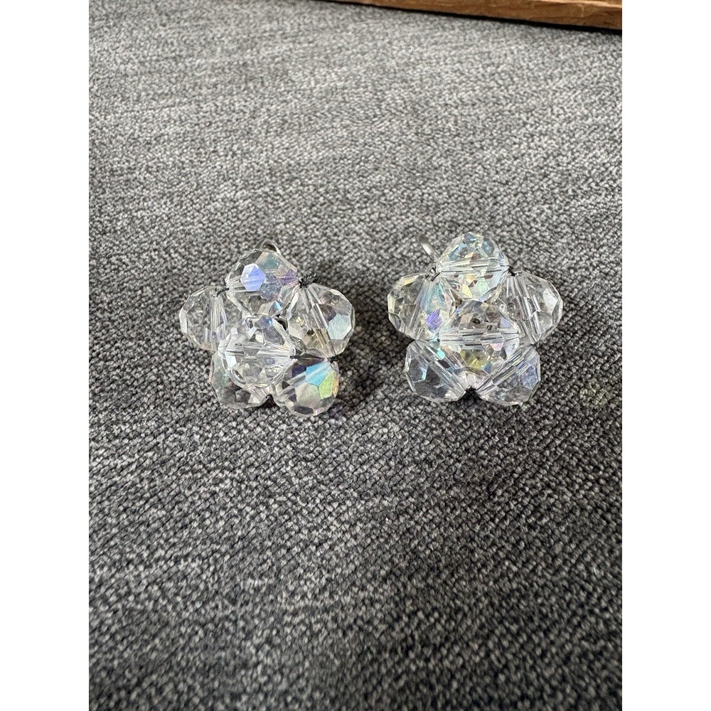 Vintage‎ 1950's LAGUNA Sparkly AB Crystal Flower Cluster Clip On Earrings 1"