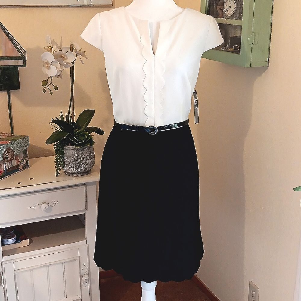 NWT. Tahari ASL Black and White Scalloped Dress.