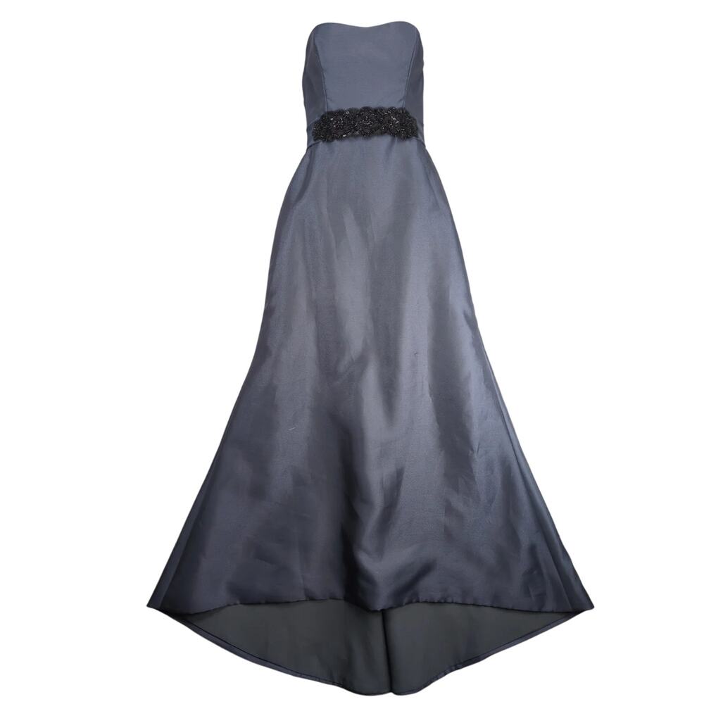Noir by Lazaro Strapless Evening Gown Maxi Dress Sz 6 Gray‎ Satin Black Beaded