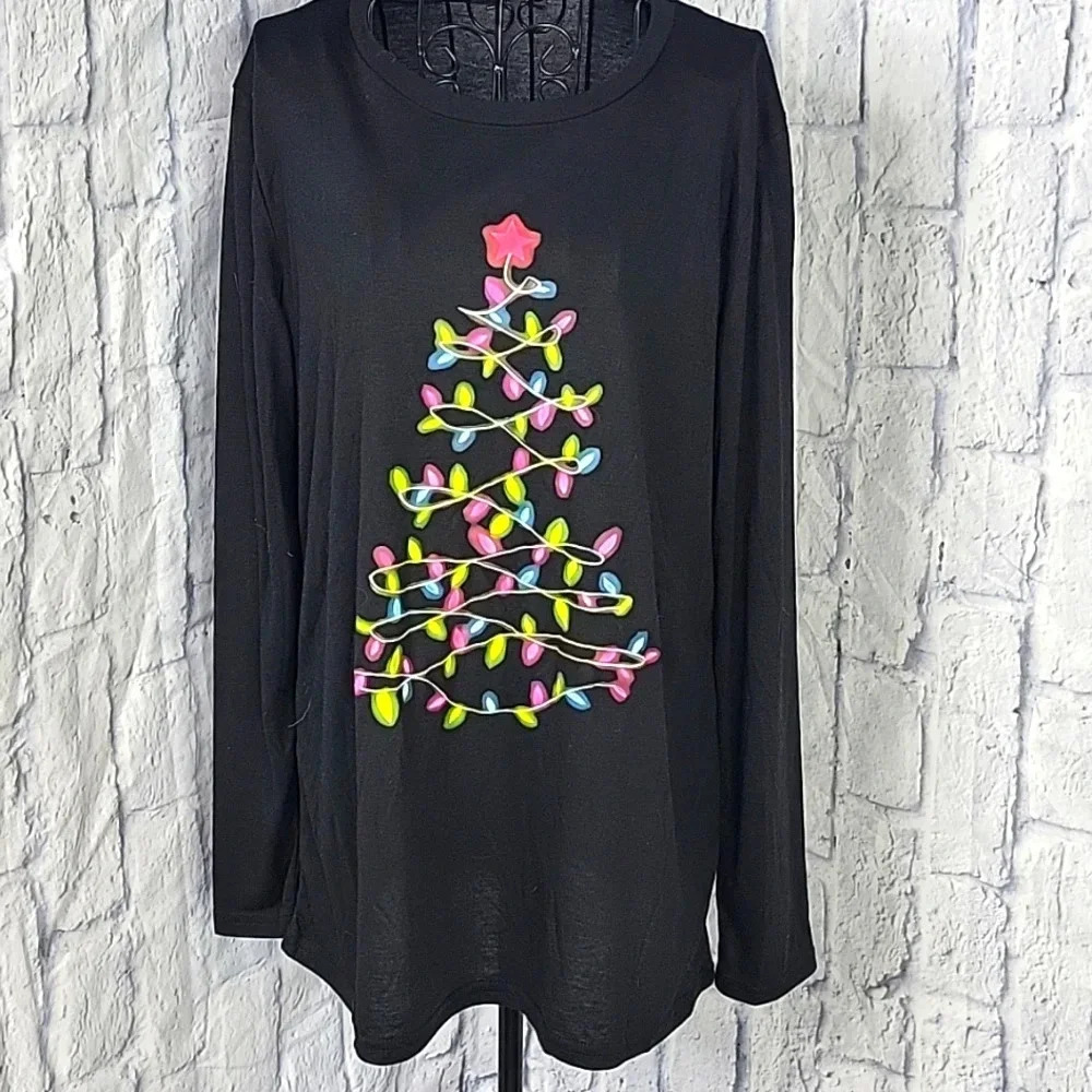 NO BRAND Black Multicolored Christmas‎ Tree Shirt XL