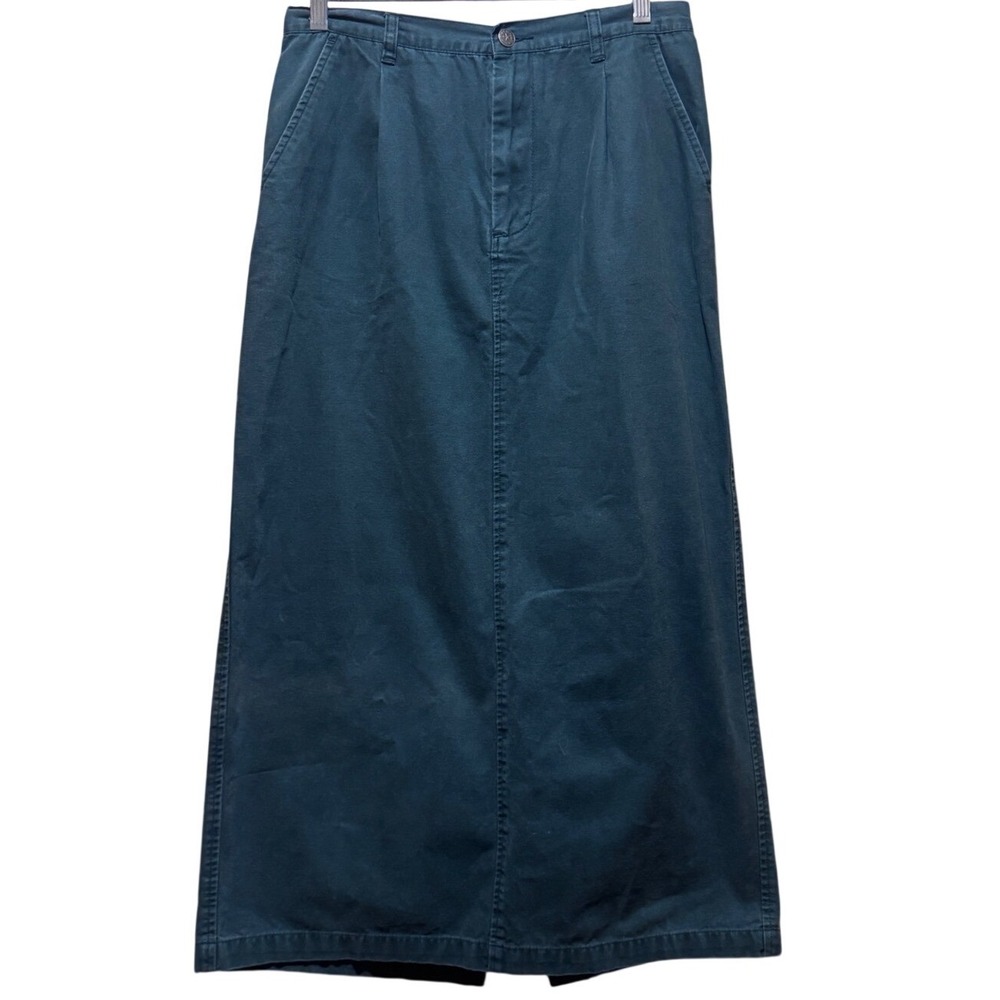 80s-90s Cherokee Women's Green Cotton Maxi Skirt Size 12 Pleated Front Back Slit
