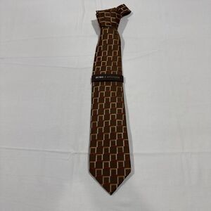 BCBG Attitude 100% Silk Necktie Brown/Gold Squares Geometric Tie 56 x 3.5 NWT
