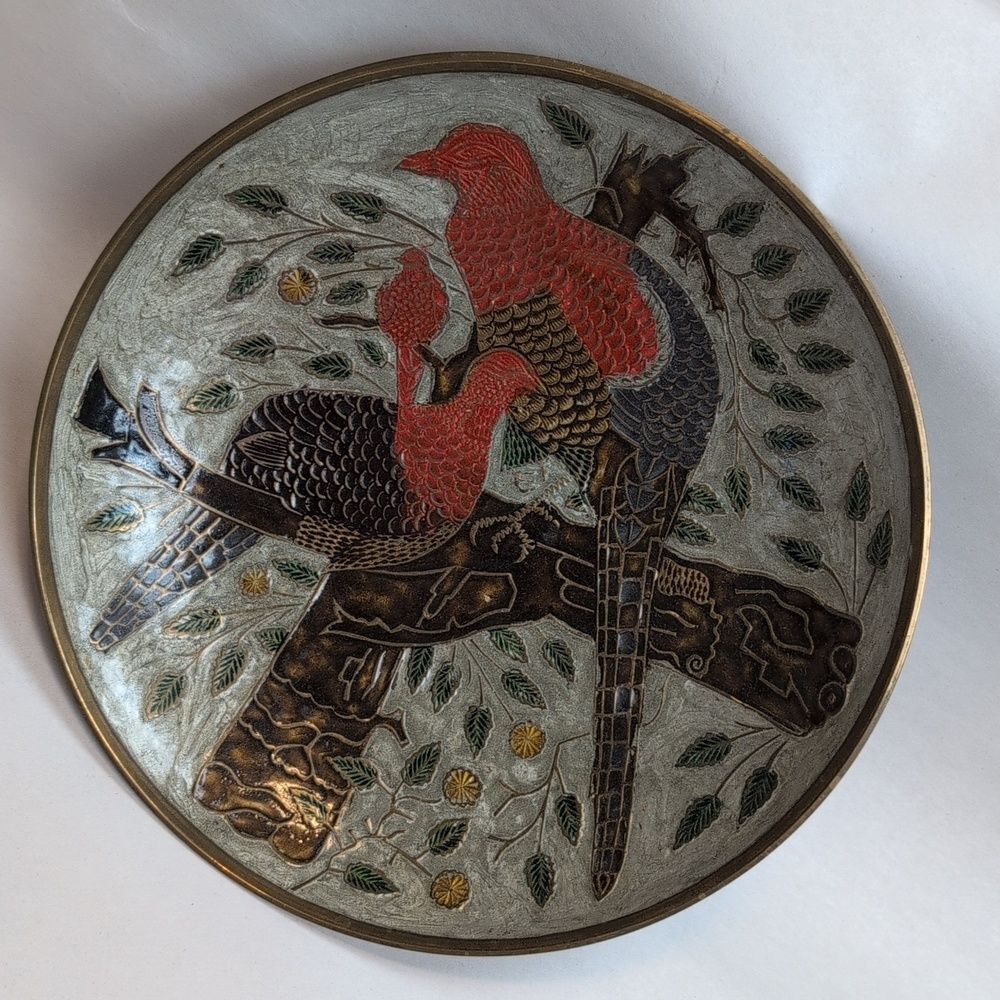 Decorative Vintage Cloisonné Enamael Painted Brass Footed Pedestal Bowl