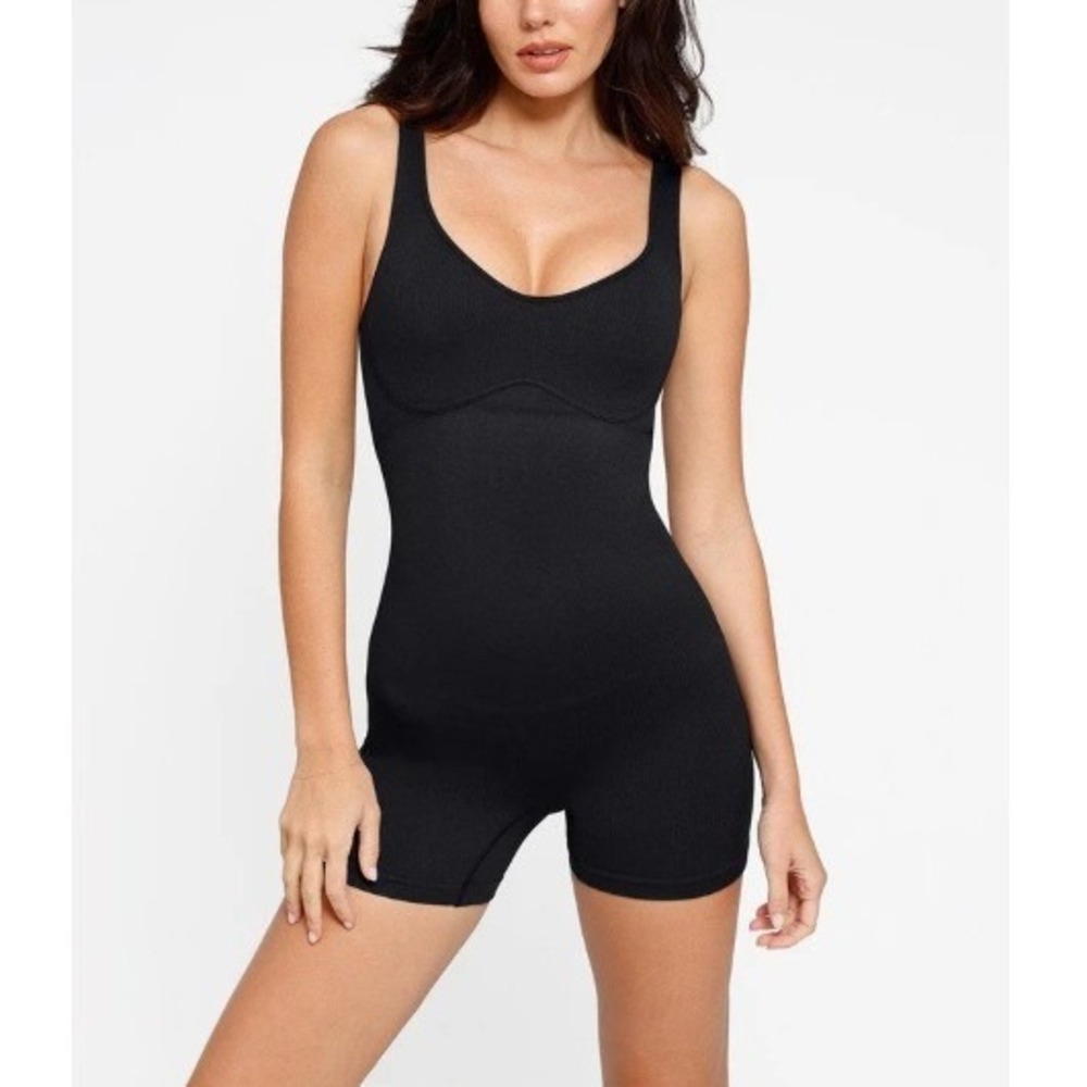 Popilush Women's Black Seamless Ribbed V-Neck Romper Shapewear Bodysuits NWT‎ XL