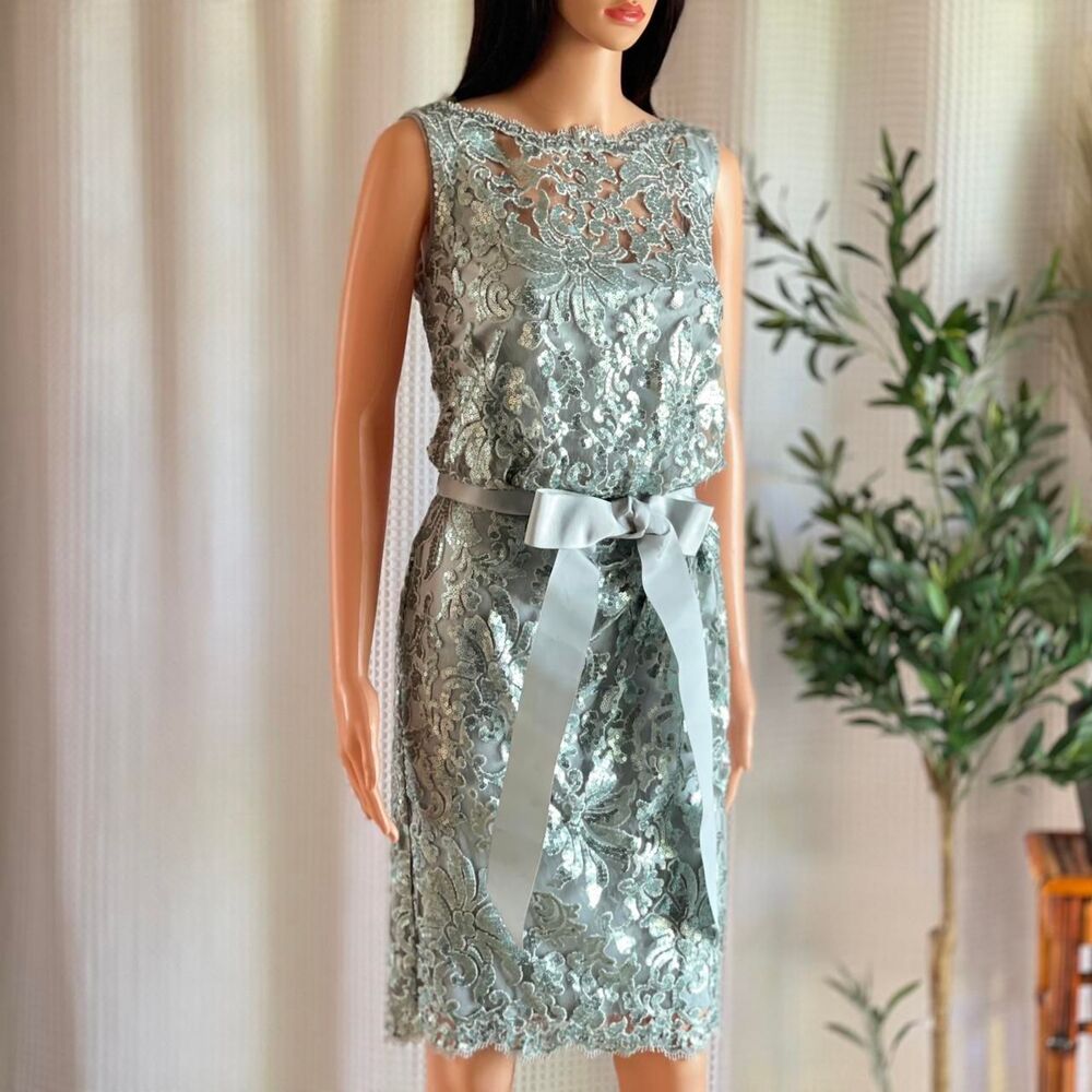 NWT Tadashi Shoji Ice Green Sequin Lace Dress Cocktail Dress Ribbon Belt Size‎ 6