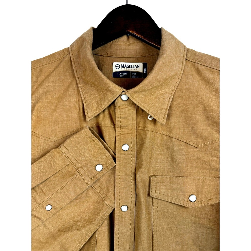 Magellan Outdoors Mens Long Sleeve Snap Front Classic Fit Shirt Tan 2XL‎