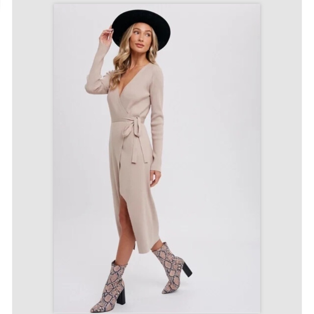 BluIvy Ribbed Wrap Sweater Dress | Sand Small NWOT