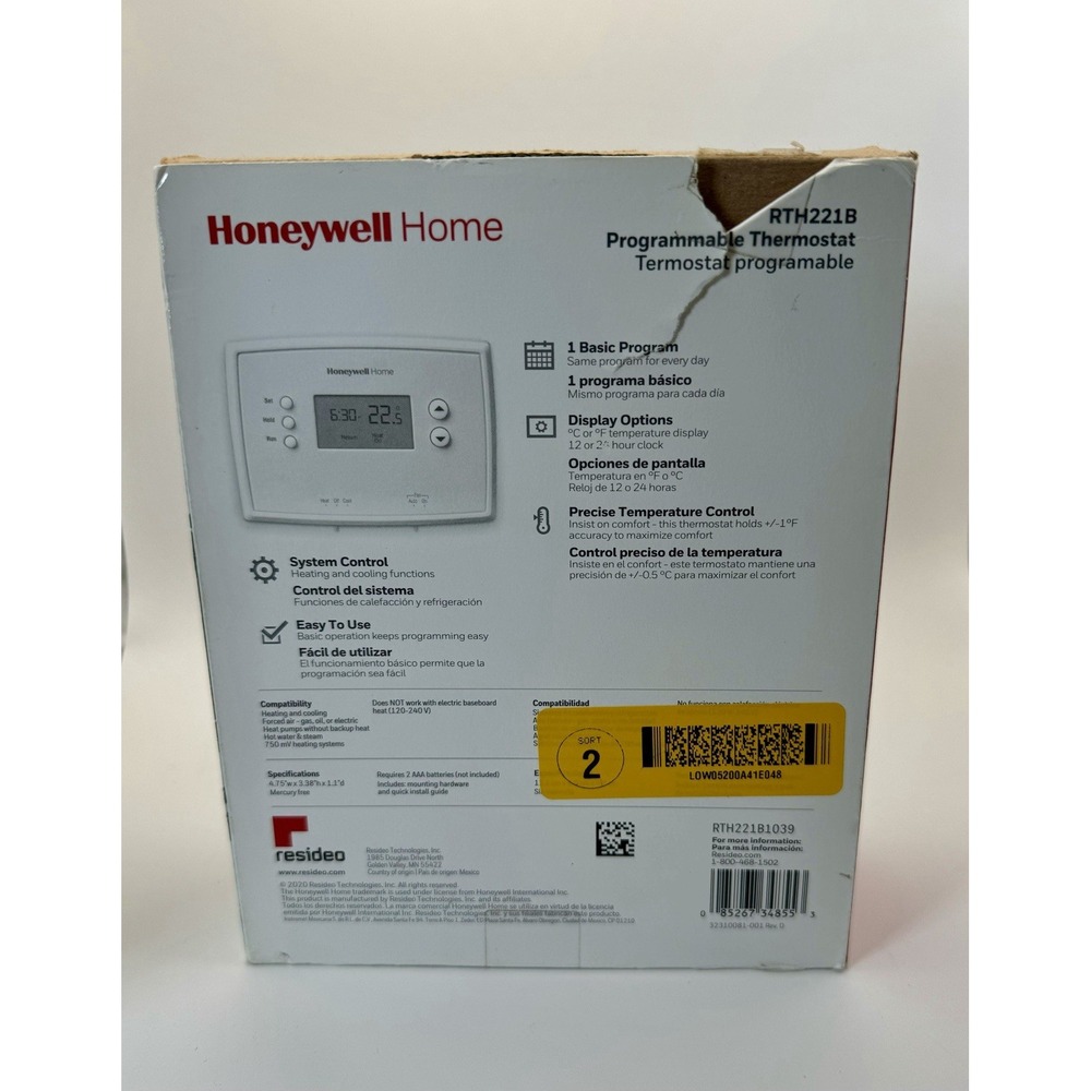 Honeywell Home RTH221B Programmable Thermostat White 1 Basic Program New Open - Picture 2 of 7