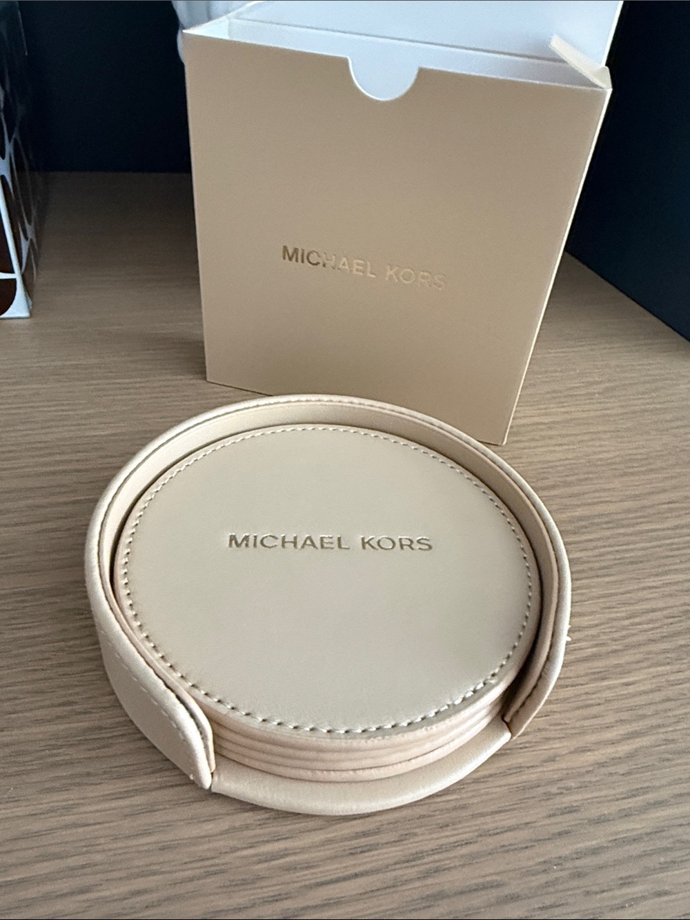 Michael Kors Beige “Leather” Round Coaster Set with Holder - Picture 3 of 4