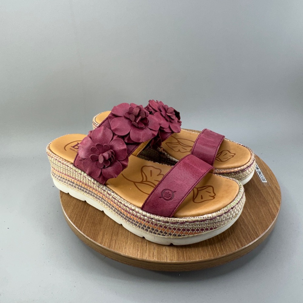 Born Floral Leather Platform Slide Sandals Womens 8M Burgundy Boho Cottagecore