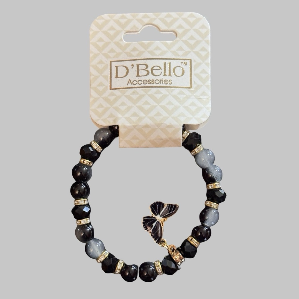 D'Bello  Black Beaded Stretch Charm‎ Bracelet Womens Gray Butterfly Jewelry NEW