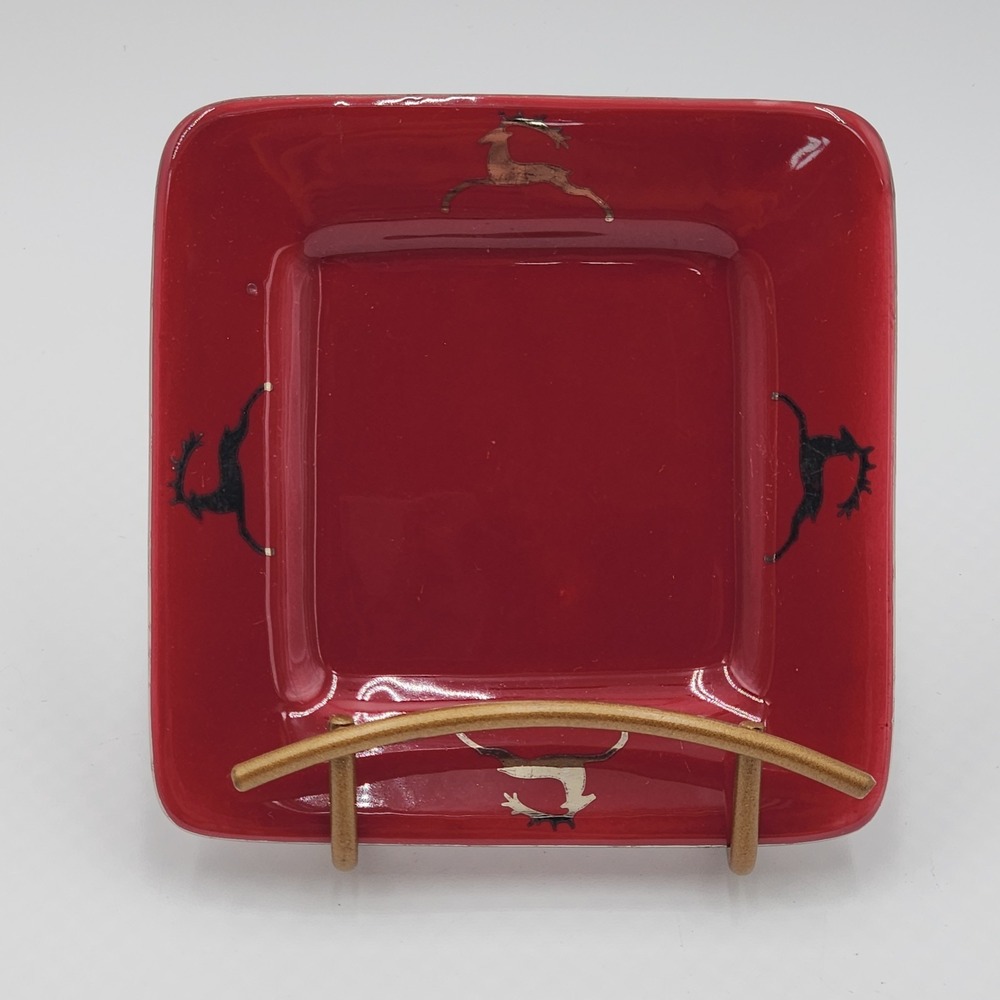 Bath & Body Works Holiday Edition 1999 Red Square Dish Gold Reindeer & Trim