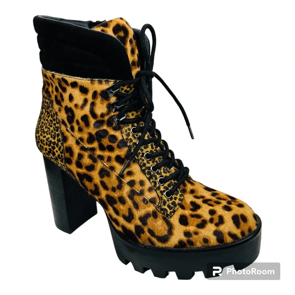 Gianni Bini Ambray Leopard Leather Calf Hair Lug Heeled Mid Calf Platfor… - Picture 1 of 16