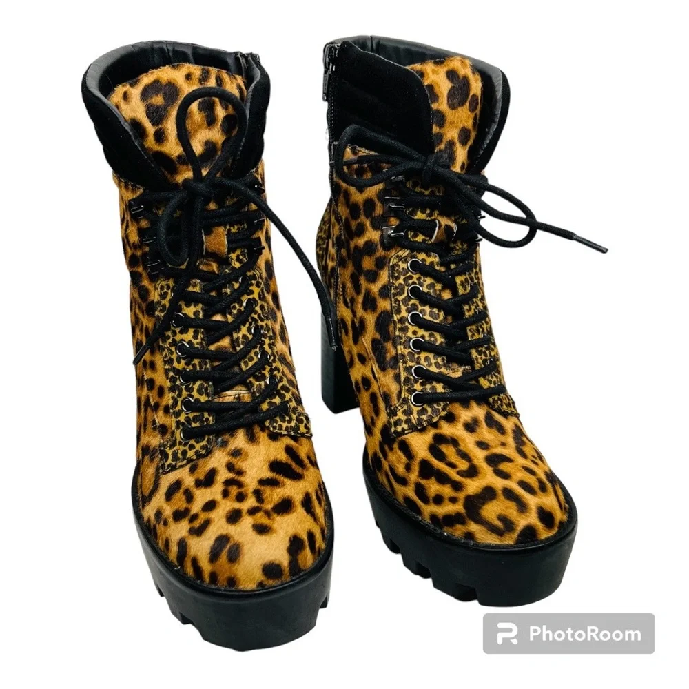 Gianni Bini Ambray Leopard Leather Calf Hair Lug Heeled Mid Calf Platfor… - Picture 2 of 16