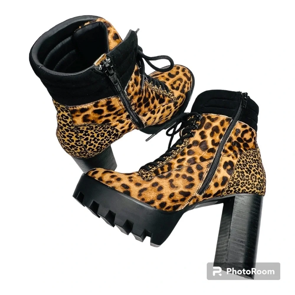 Gianni Bini Ambray Leopard Leather Calf Hair Lug Heeled Mid Calf Platfor… - Picture 3 of 16