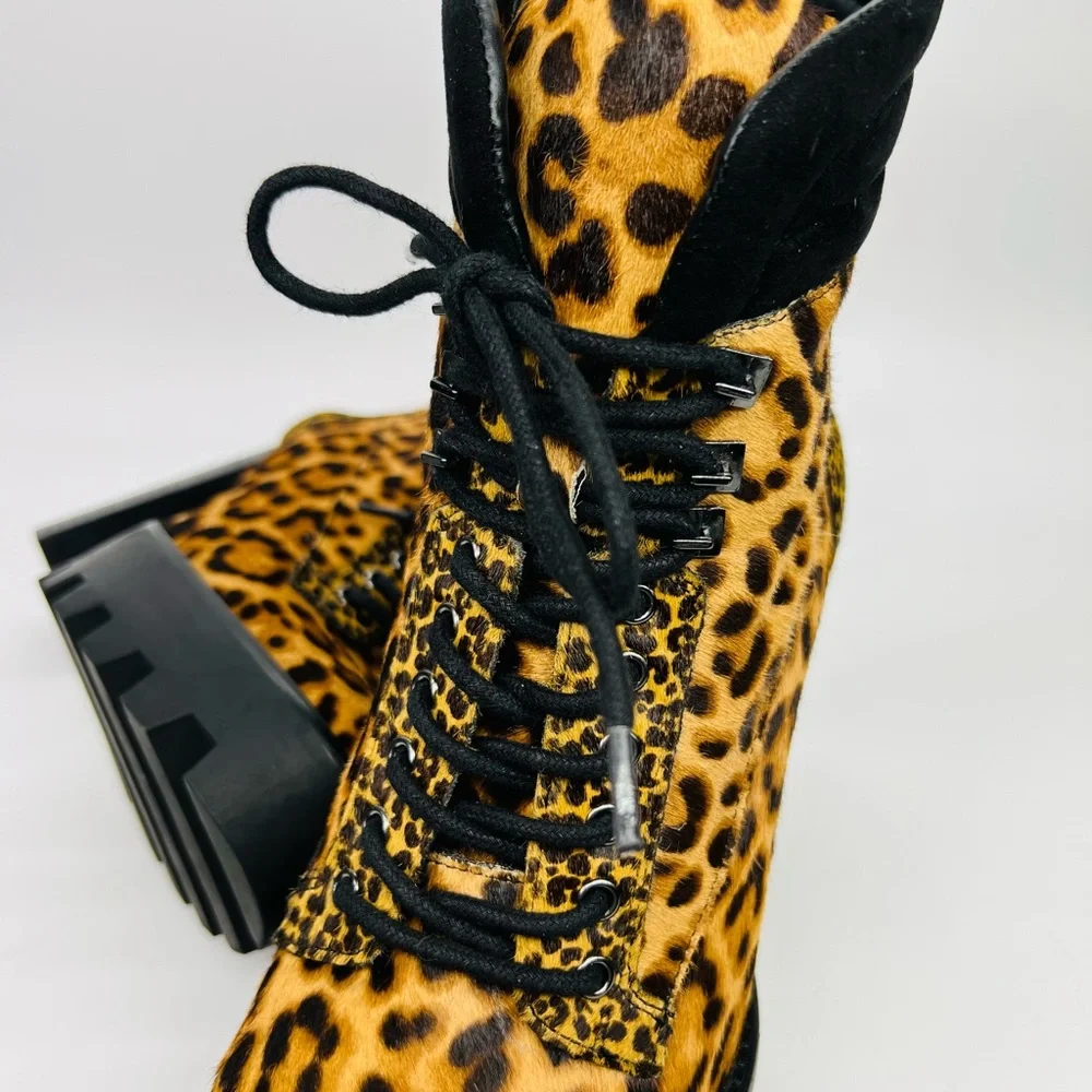 Gianni Bini Ambray Leopard Leather Calf Hair Lug Heeled Mid Calf Platfor… - Picture 4 of 16