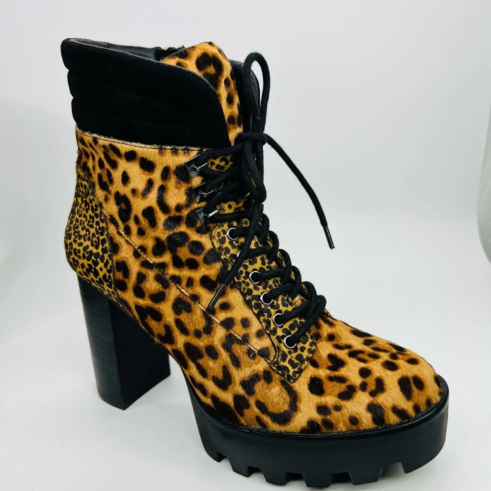 Gianni Bini Ambray Leopard Leather Calf Hair Lug Heeled Mid Calf Platfor… - Picture 8 of 16