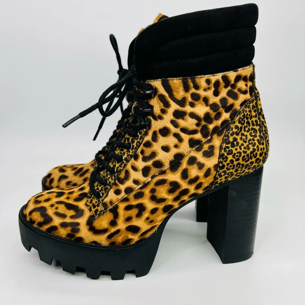 Gianni Bini Ambray Leopard Leather Calf Hair Lug Heeled Mid Calf Platfor… - Picture 12 of 16