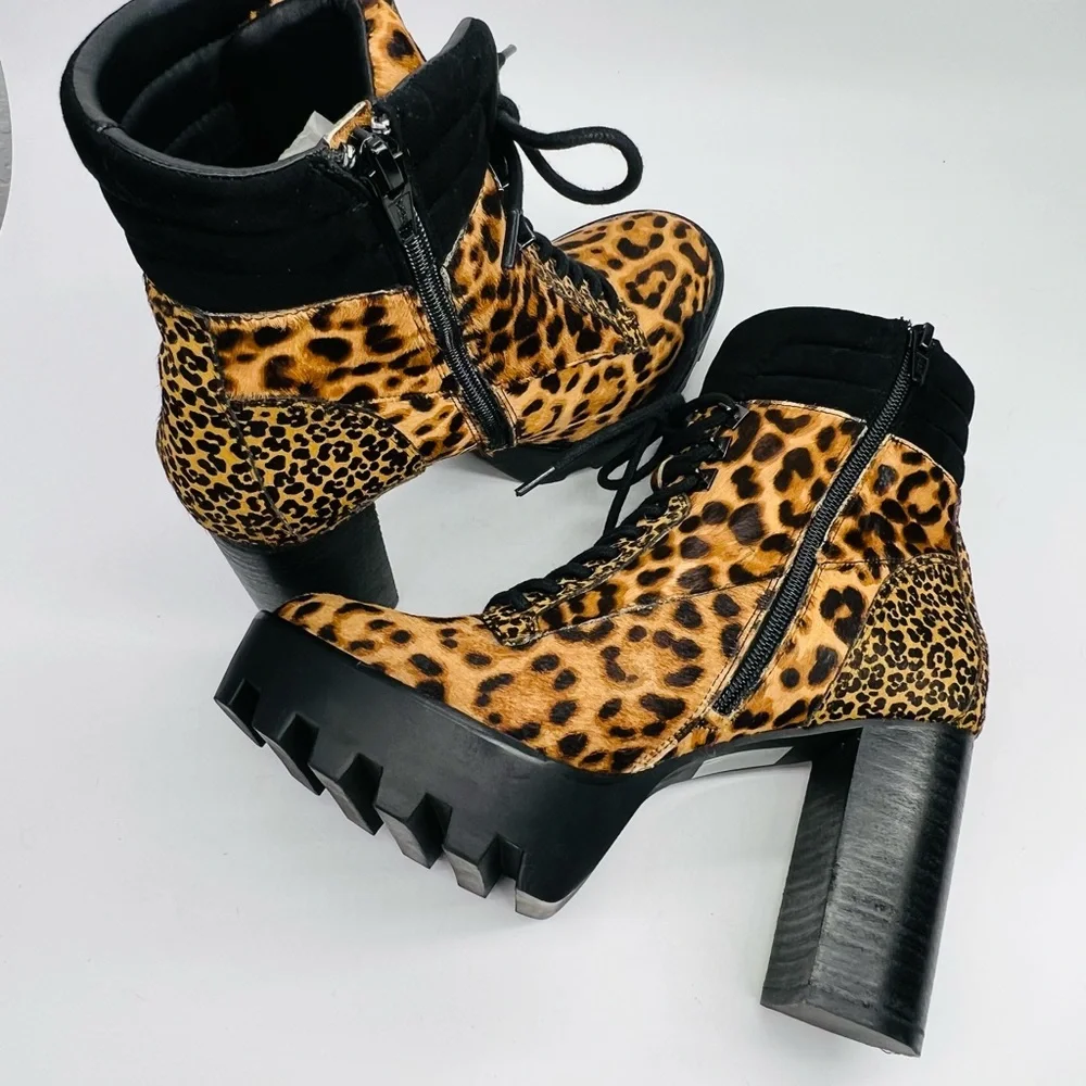 Gianni Bini Ambray Leopard Leather Calf Hair Lug Heeled Mid Calf Platfor… - Picture 13 of 16