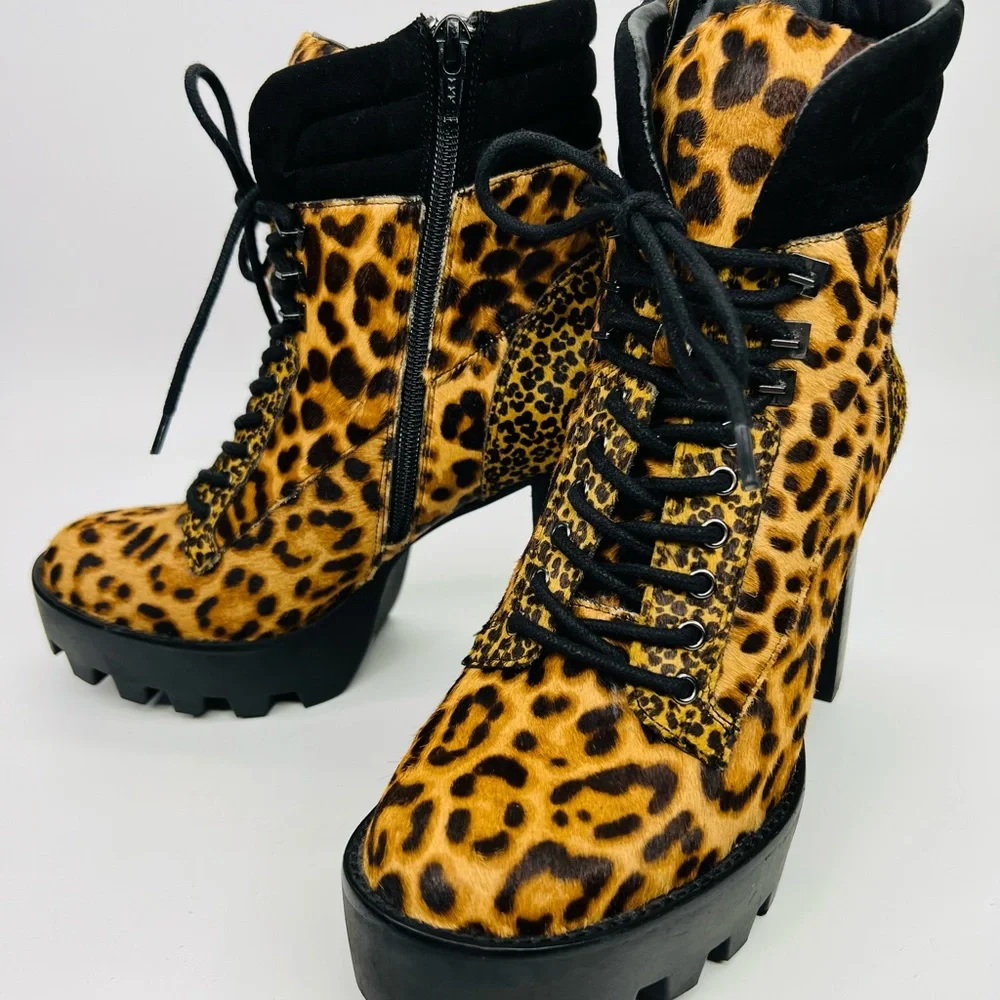Gianni Bini Ambray Leopard Leather Calf Hair Lug Heeled Mid Calf Platfor… - Picture 14 of 16