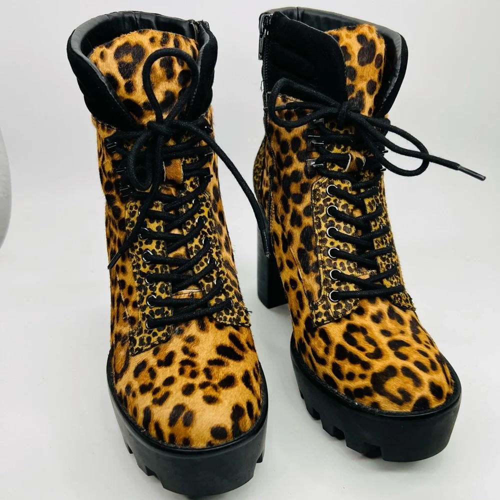 Gianni Bini Ambray Leopard Leather Calf Hair Lug Heeled Mid Calf Platfor… - Picture 15 of 16