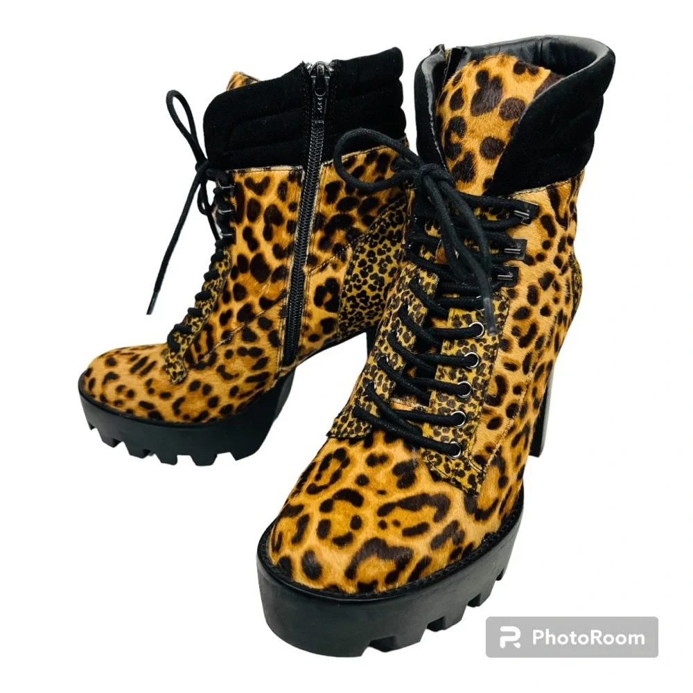 Gianni Bini Ambray Leopard Leather Calf Hair Lug Heeled Mid Calf Platfor… - Picture 16 of 16