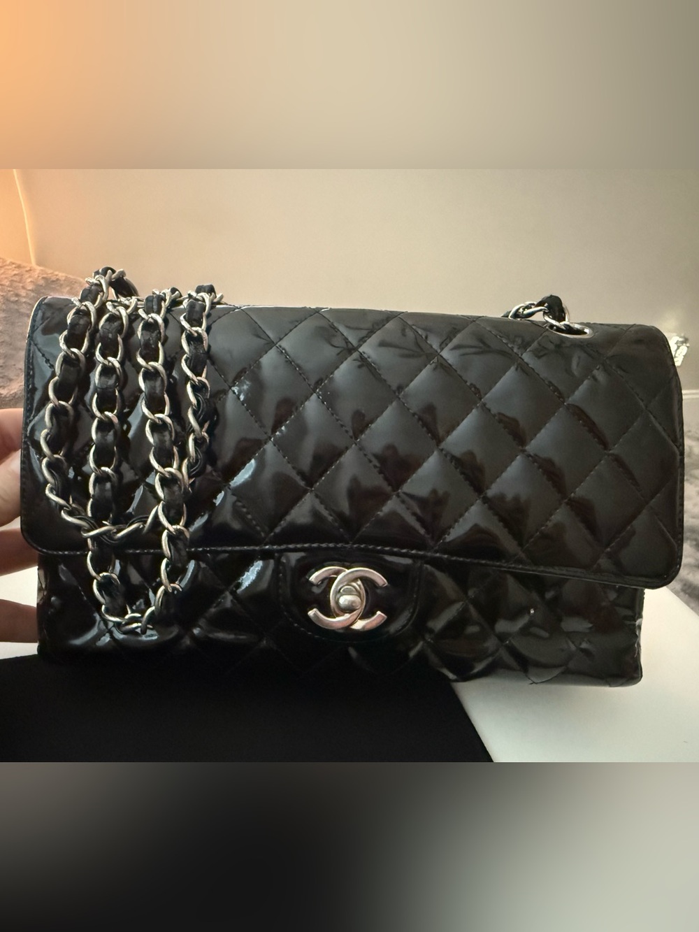 Chanel Medium Double Flap Black Patent Silver Hardware / Fair Condition