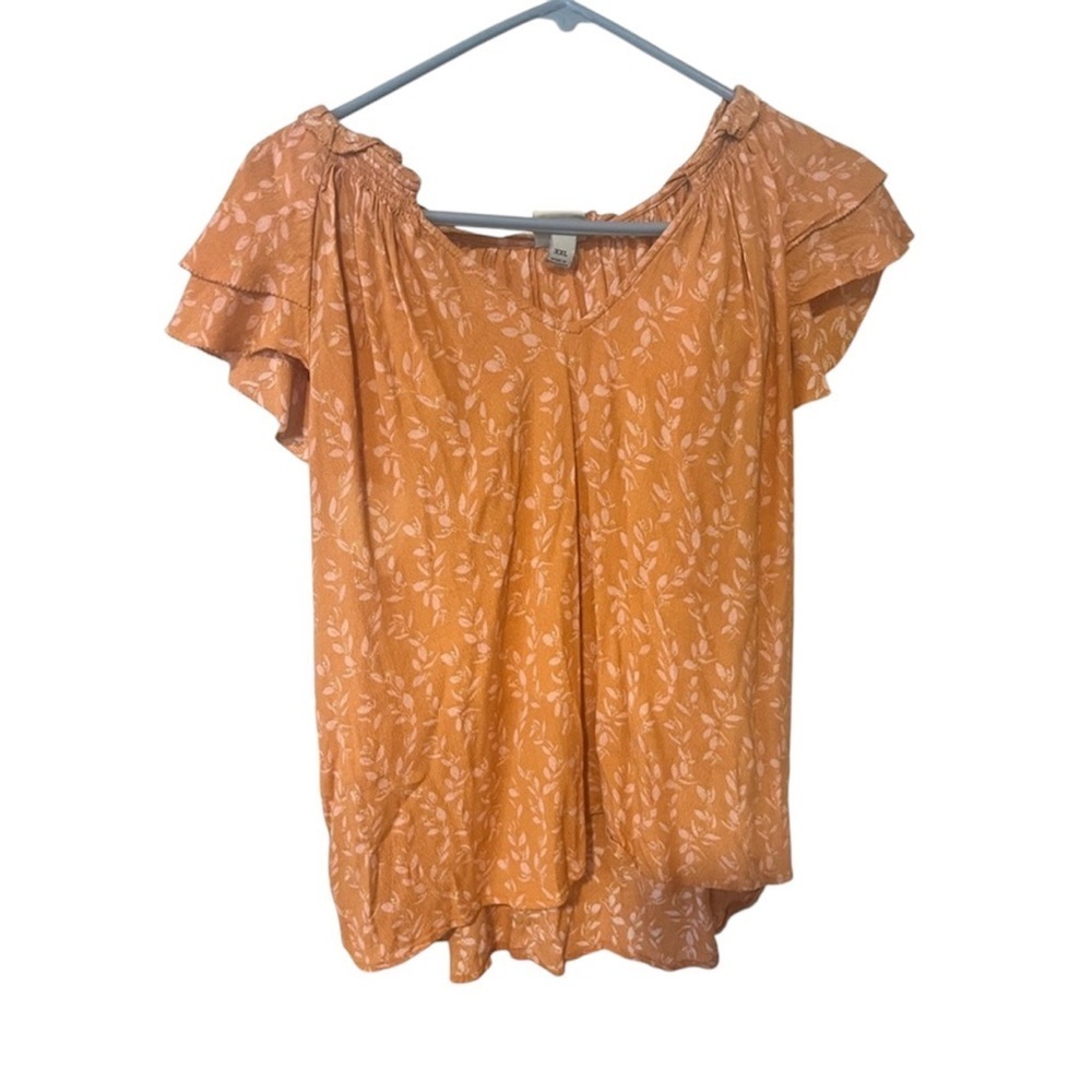 3/25🙂 A New Day XXL cap sleeve blouse. Orange w white f leaves. Ruffle sleeve