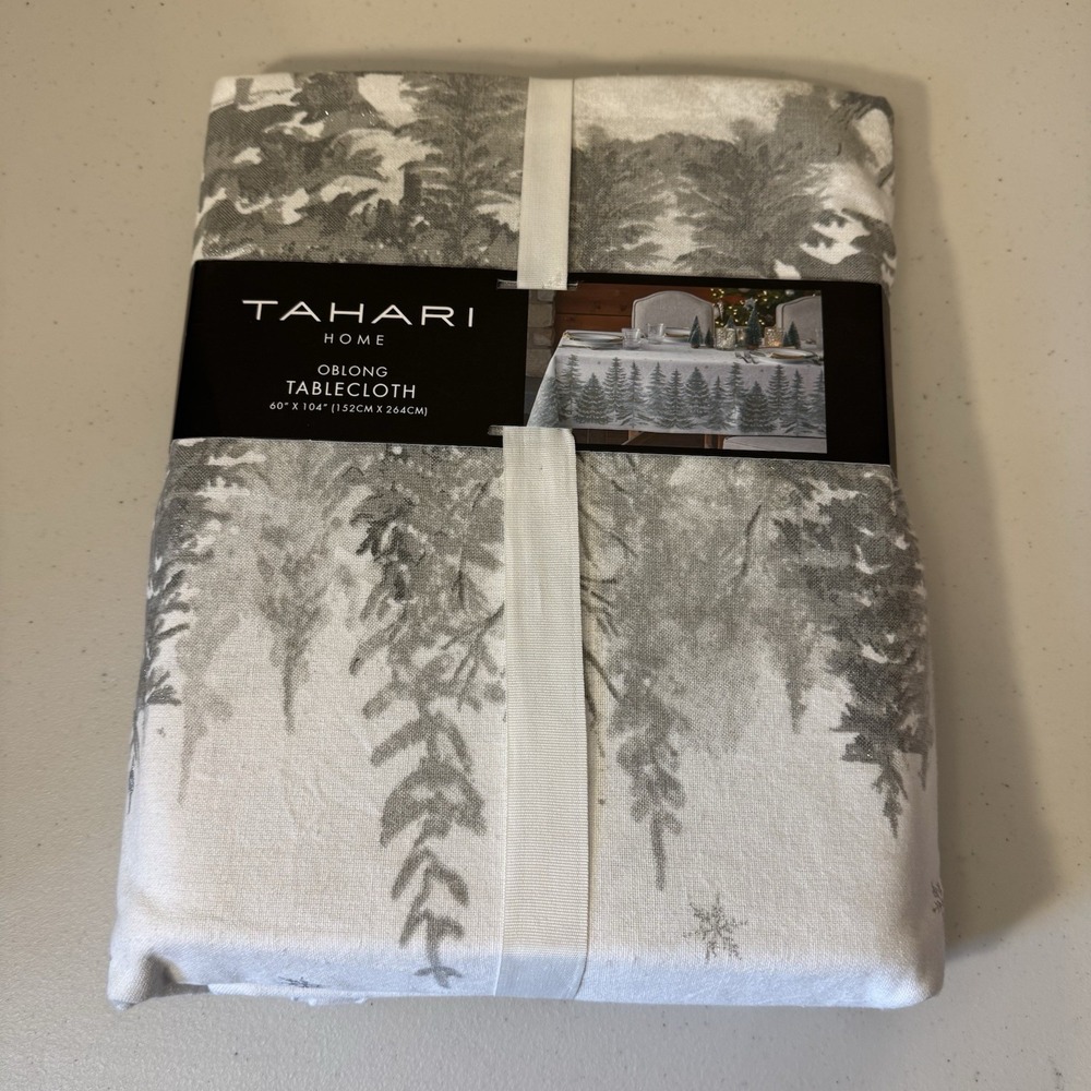 Tahari Home Tablecloth Winter Snowy Forest‎ Tree Snowflakes 60x104 Gray Silver