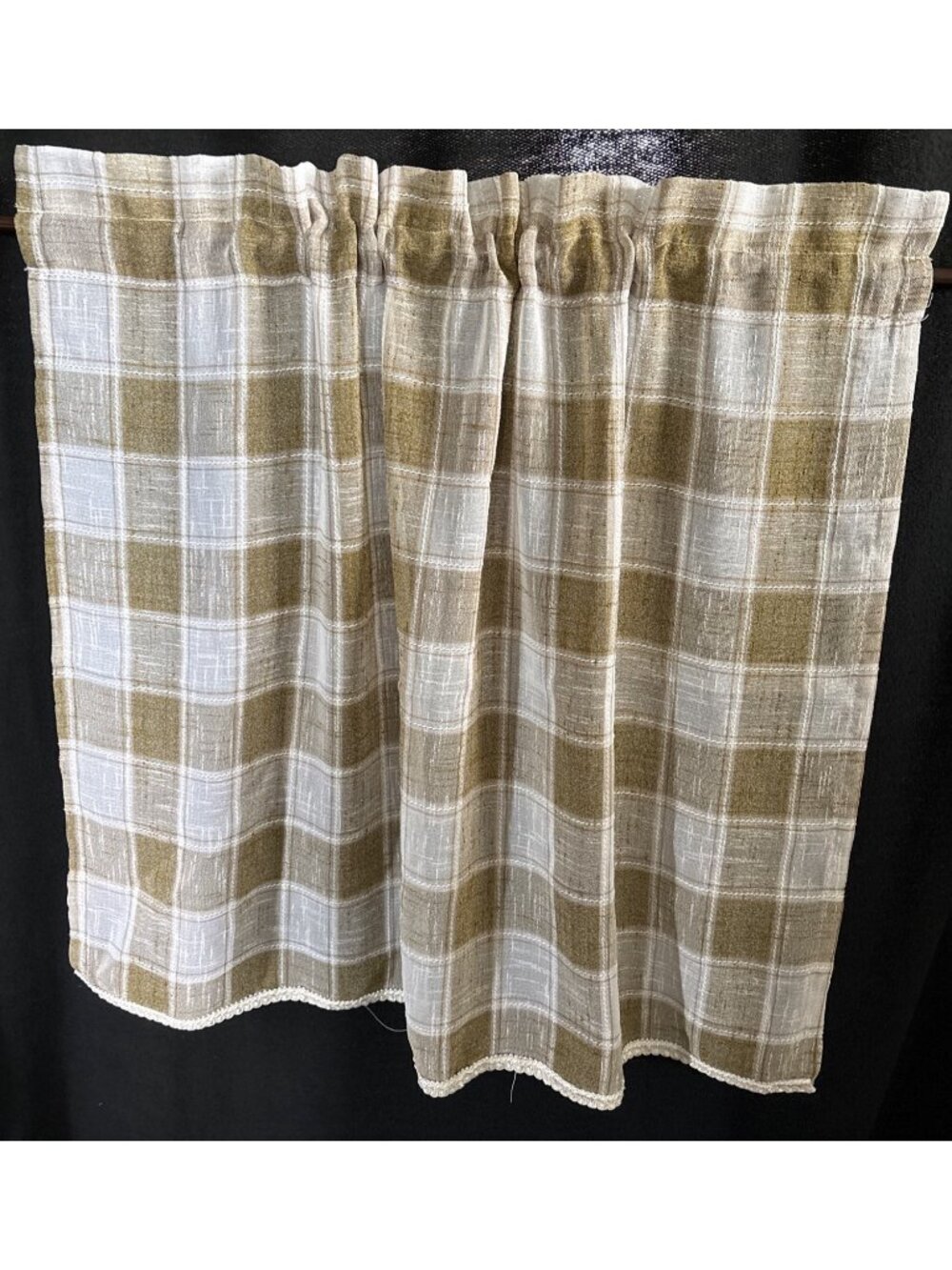 Plaid Tan Cream Cafe Curtain Panel 30"Wx24"L Sheer Rod Pocket Checkered