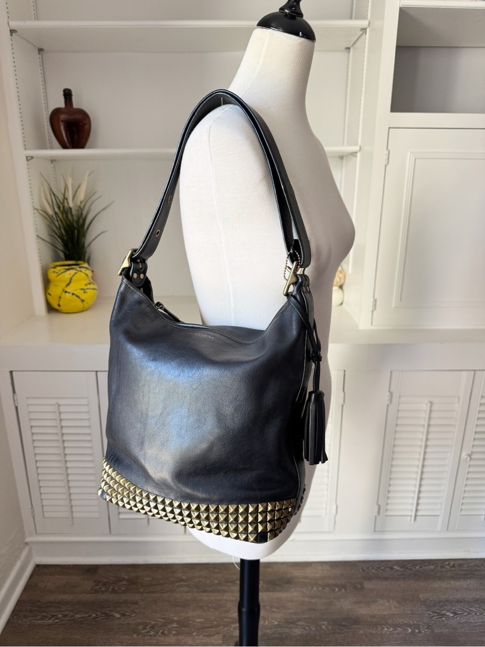 Coach 26413 Black Leather Pyramid Studded Bucket Duffle Bag