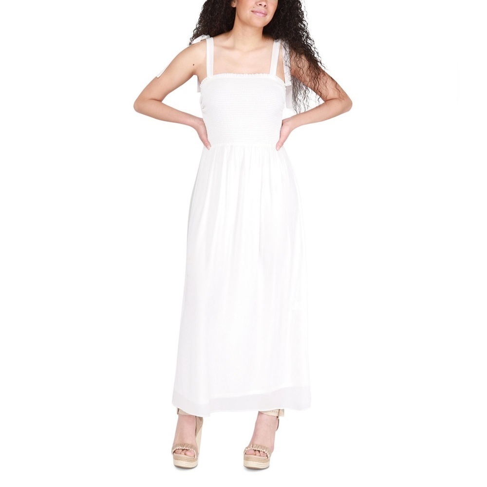 Black Tape Chiffon tied strap smocked white dress. Sz S BNWT