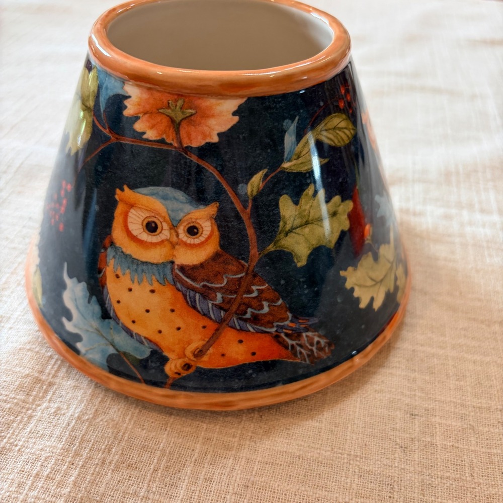 Yankee Candle 2011 Owl Fall Harvest Ceramic Jar Candle Shade Navy Blue Orange 6" - Picture 1 of 9