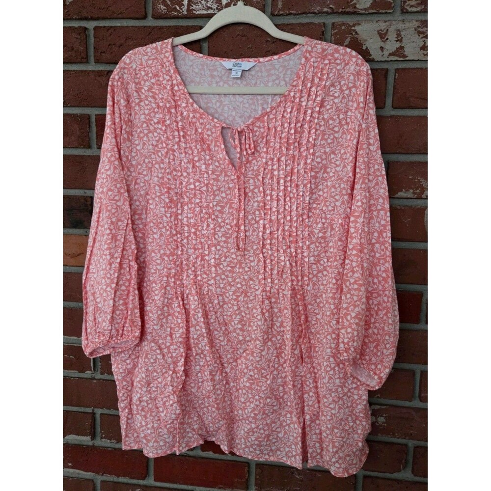 Croft & Barrow Blouse Plus‎ 1X Peach Floral Print Long Sleeve Lightweight