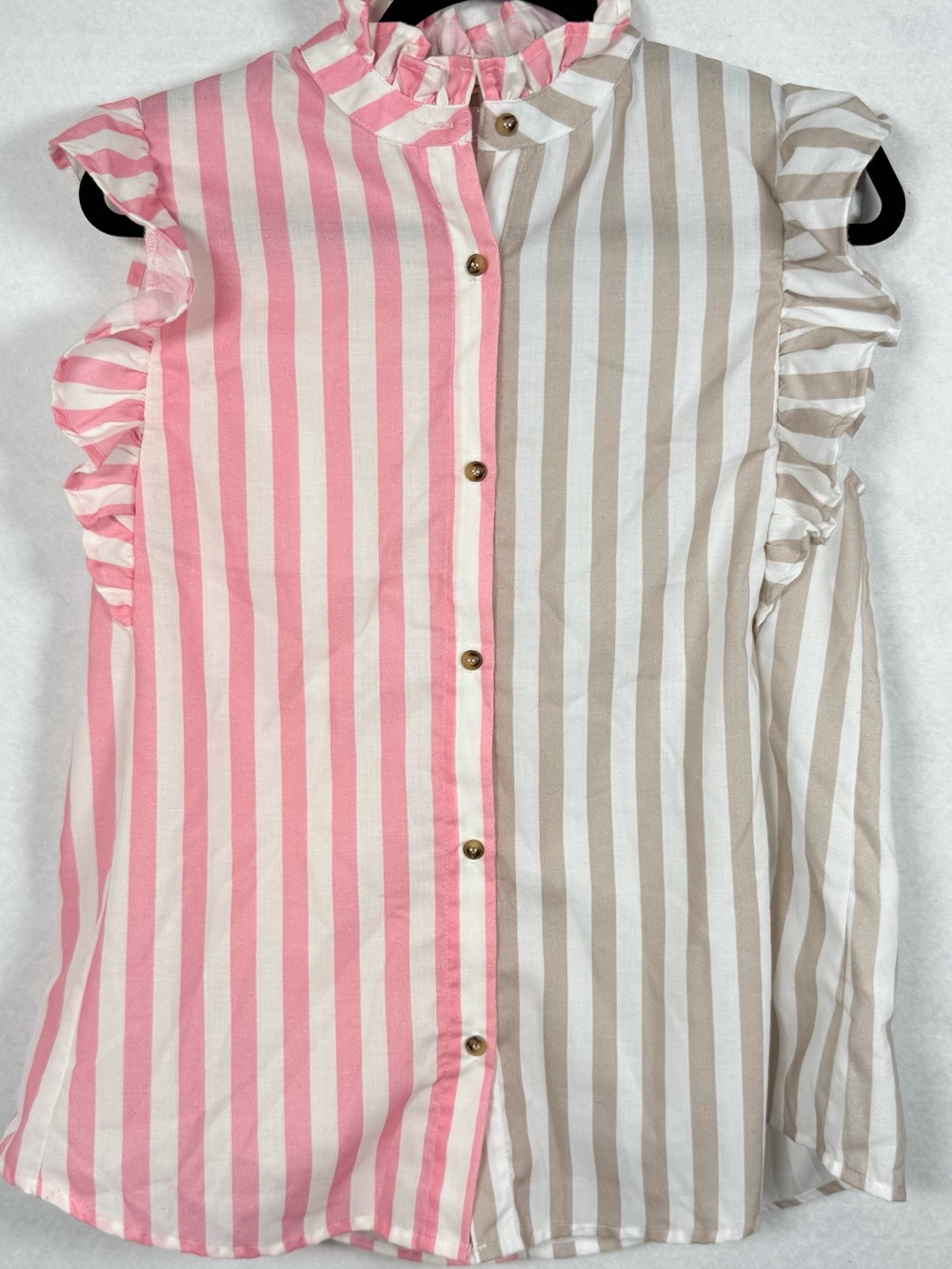 Pink Taupe Stripe Ruffle Sleeve Button Front Cotton Blouse Medium - Picture 3 of 12